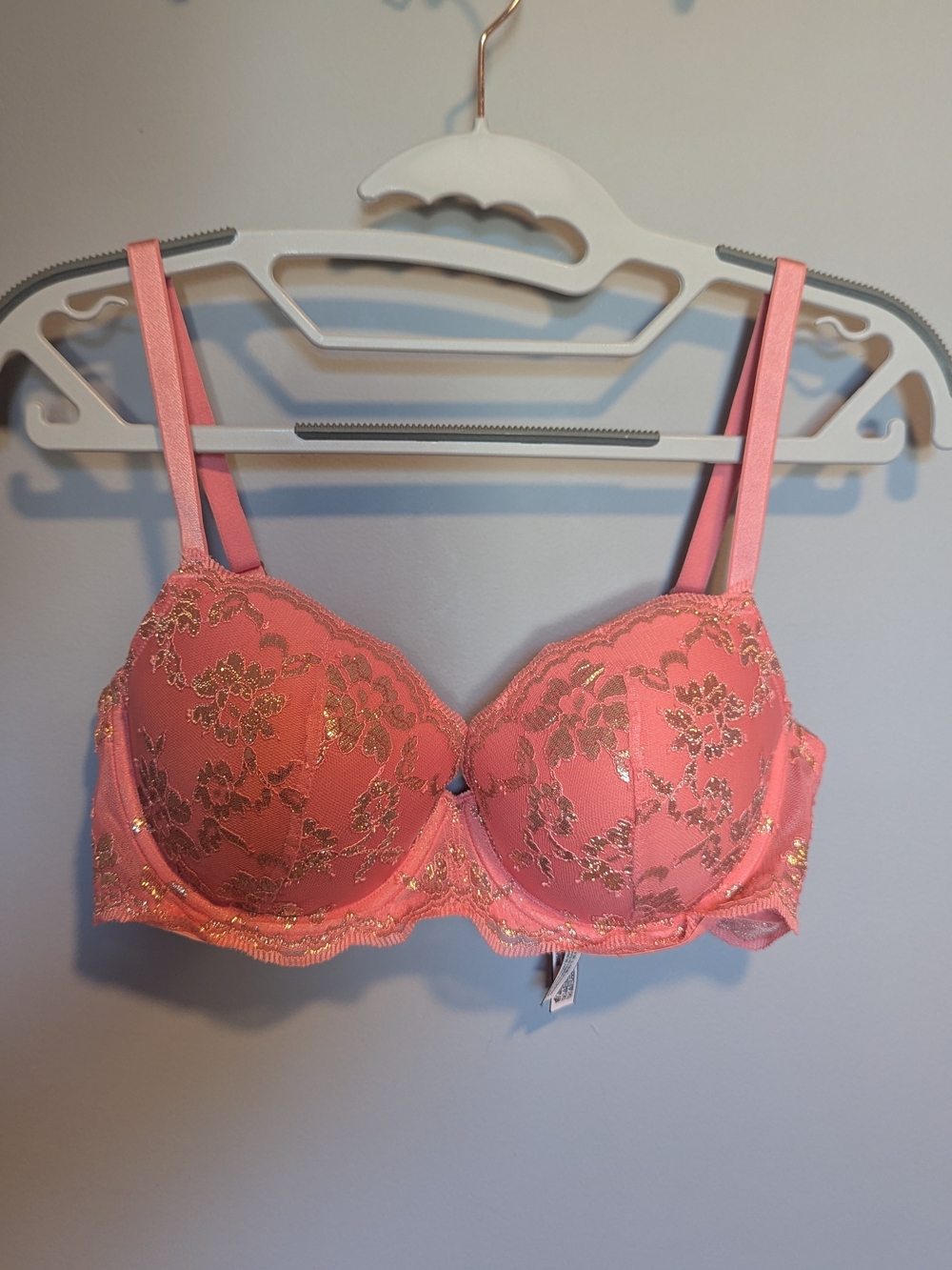 Victoria's Secret Coral Pink Lace Underwire Bra with Gold Accents
